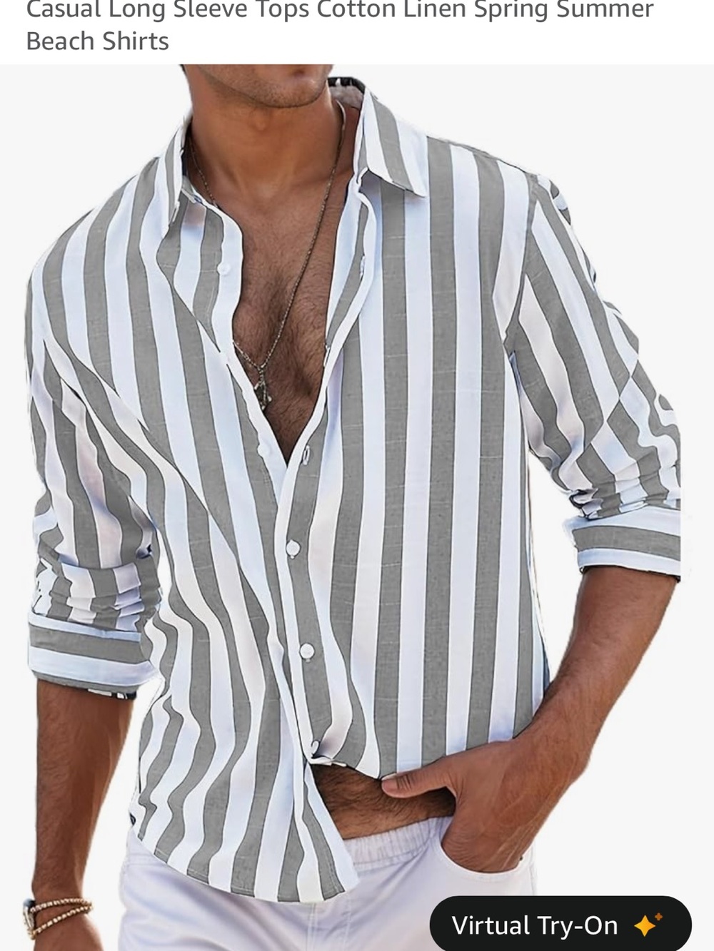 Amazon Men's Button-Down Vertical Stripe Shirt - White & Gray